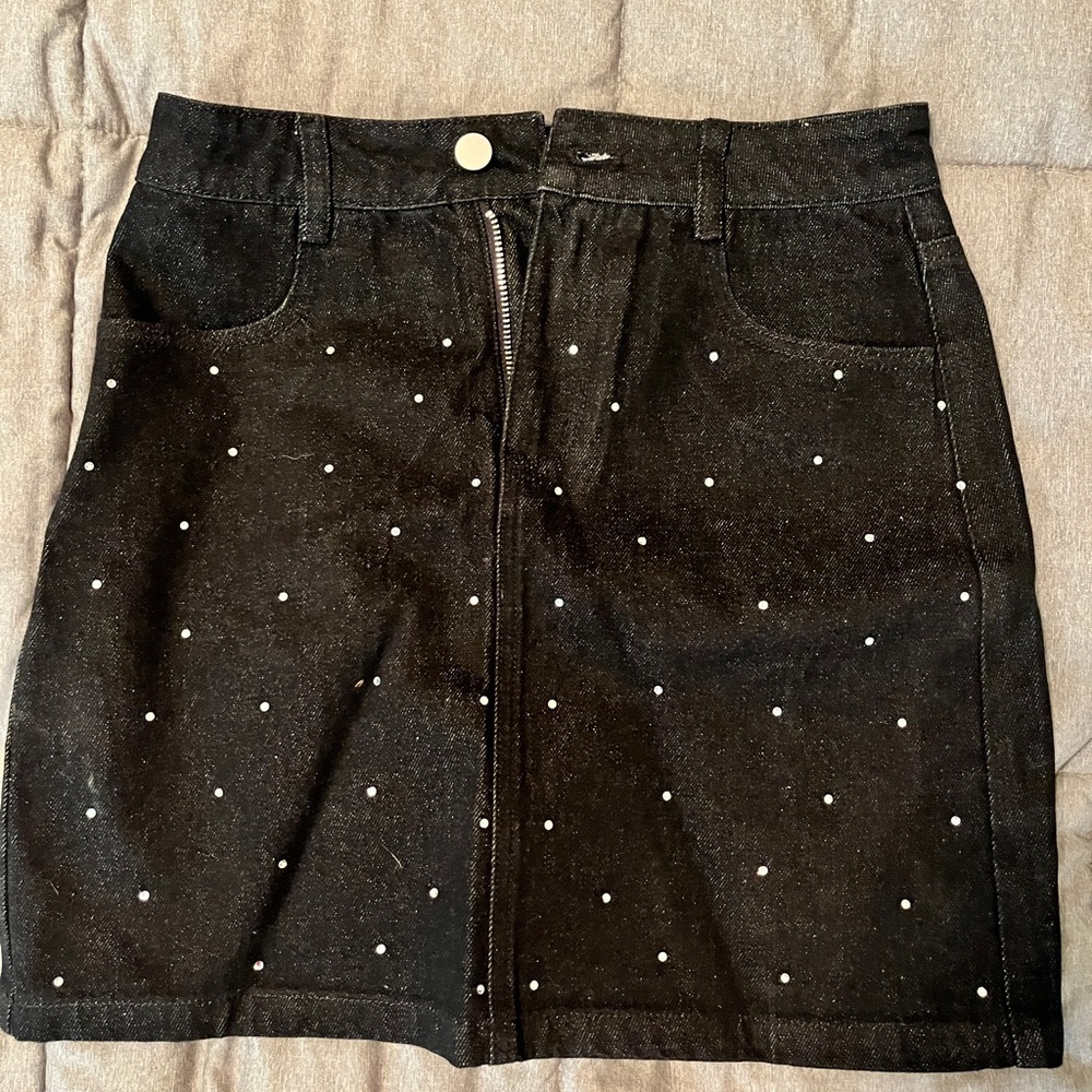 Black Denim Skirt with Rhinestones
